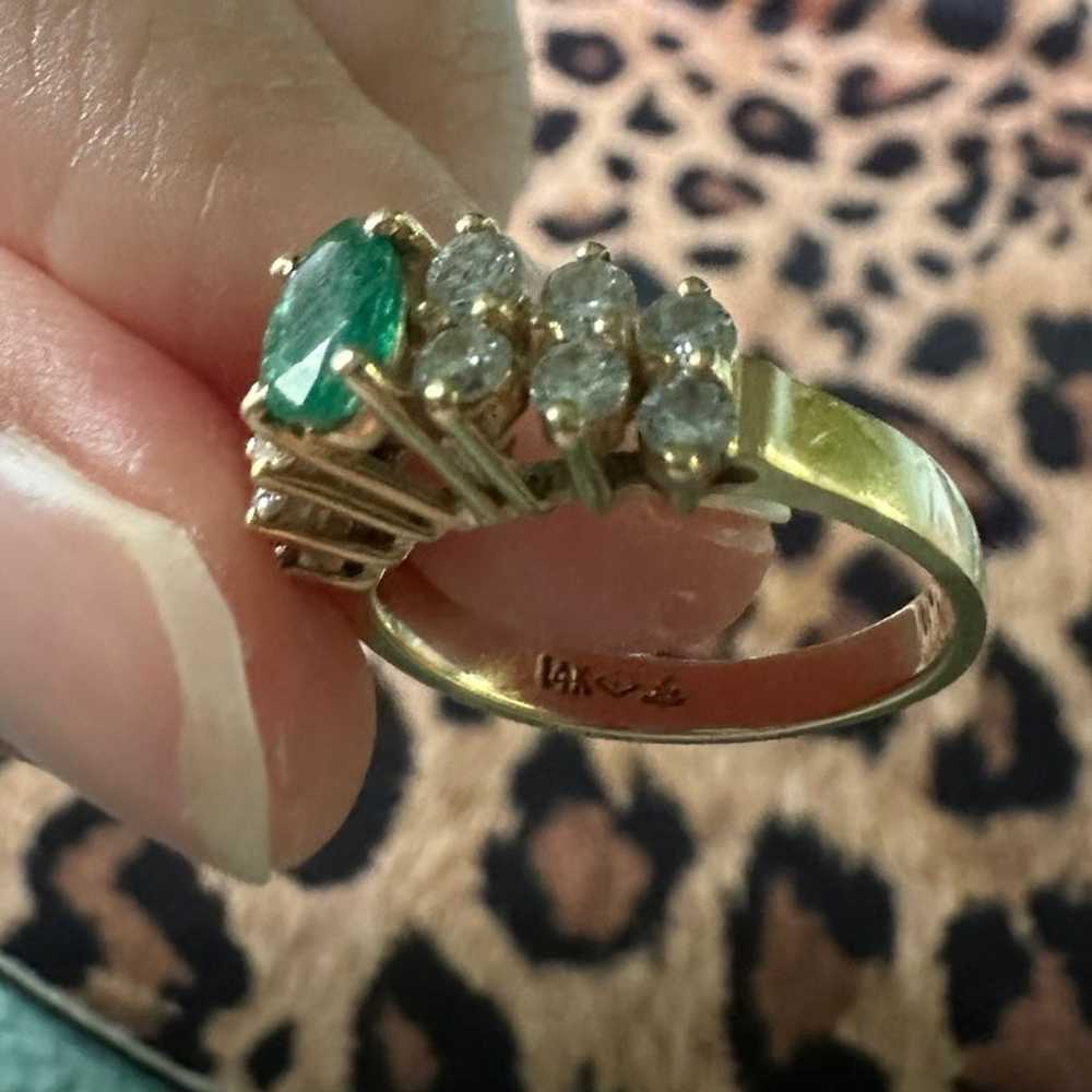 Vintage Emerald + Diamonds 14K Gold Ring - image 6