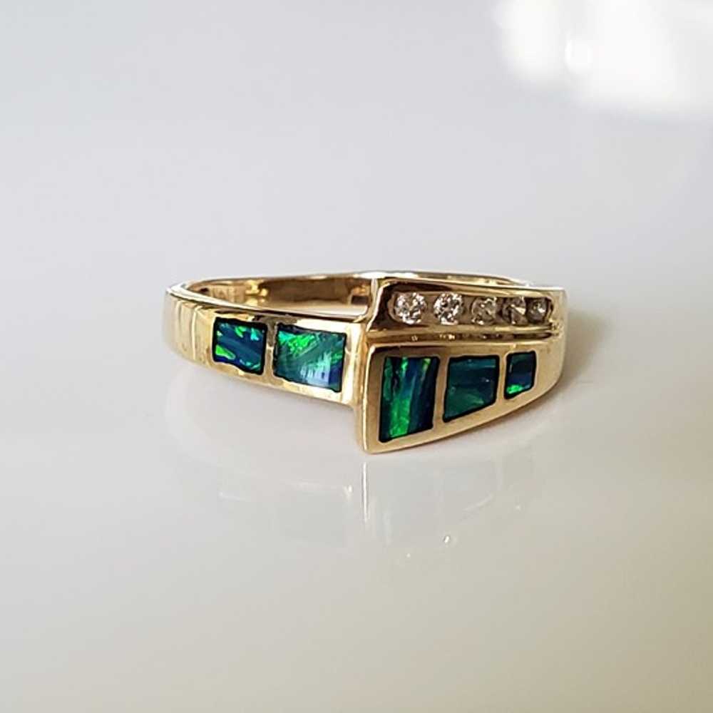 14K Solid Gold Inlaid Opal and Diamond Ring - image 1