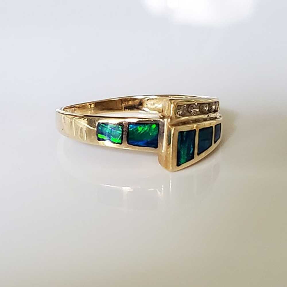 14K Solid Gold Inlaid Opal and Diamond Ring - image 2