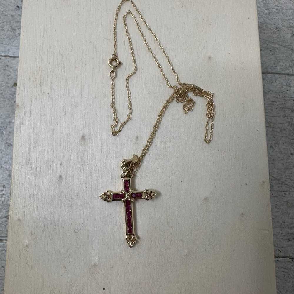 Vintage 14k Gold Ruby Gothic Cross Estate Necklace - image 1