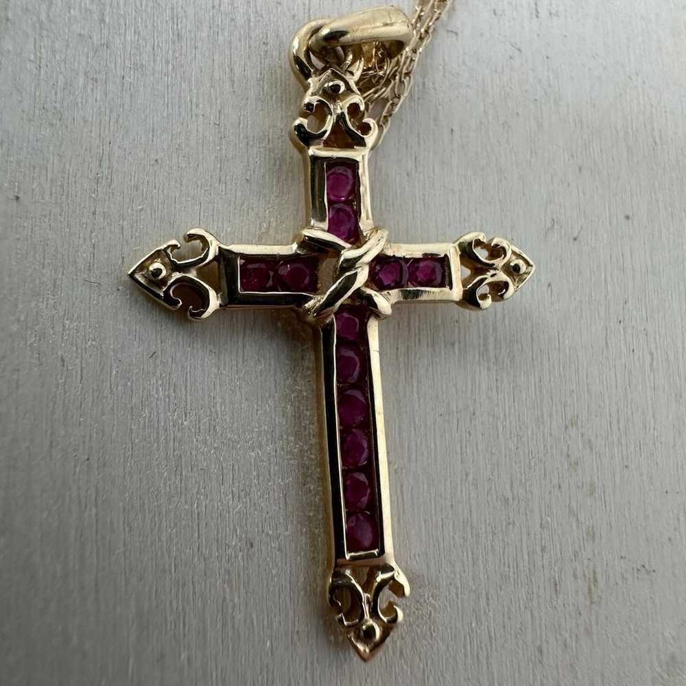 Vintage 14k Gold Ruby Gothic Cross Estate Necklace - image 2