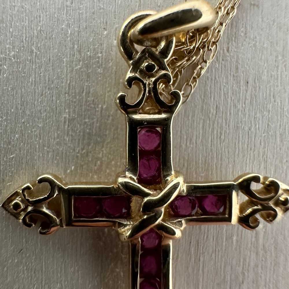 Vintage 14k Gold Ruby Gothic Cross Estate Necklace - image 5