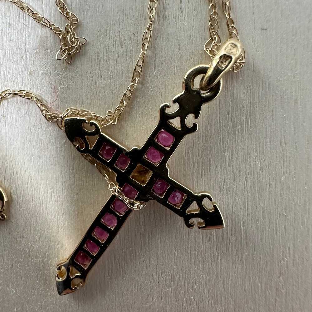 Vintage 14k Gold Ruby Gothic Cross Estate Necklace - image 6