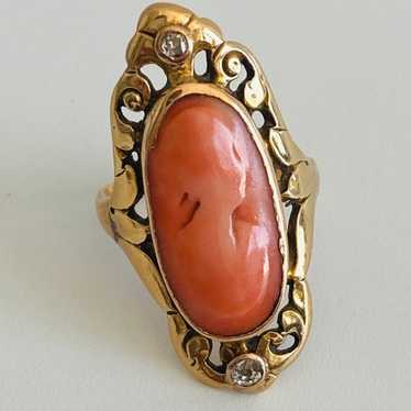 Vintage tested 14kt gold genuine coral diamond ri… - image 1