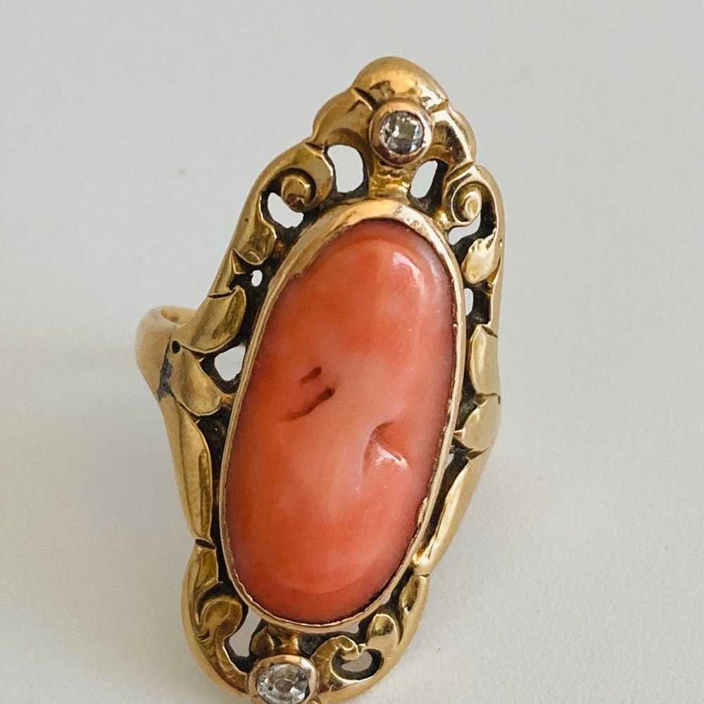 Vintage tested 14kt gold genuine coral diamond ri… - image 2