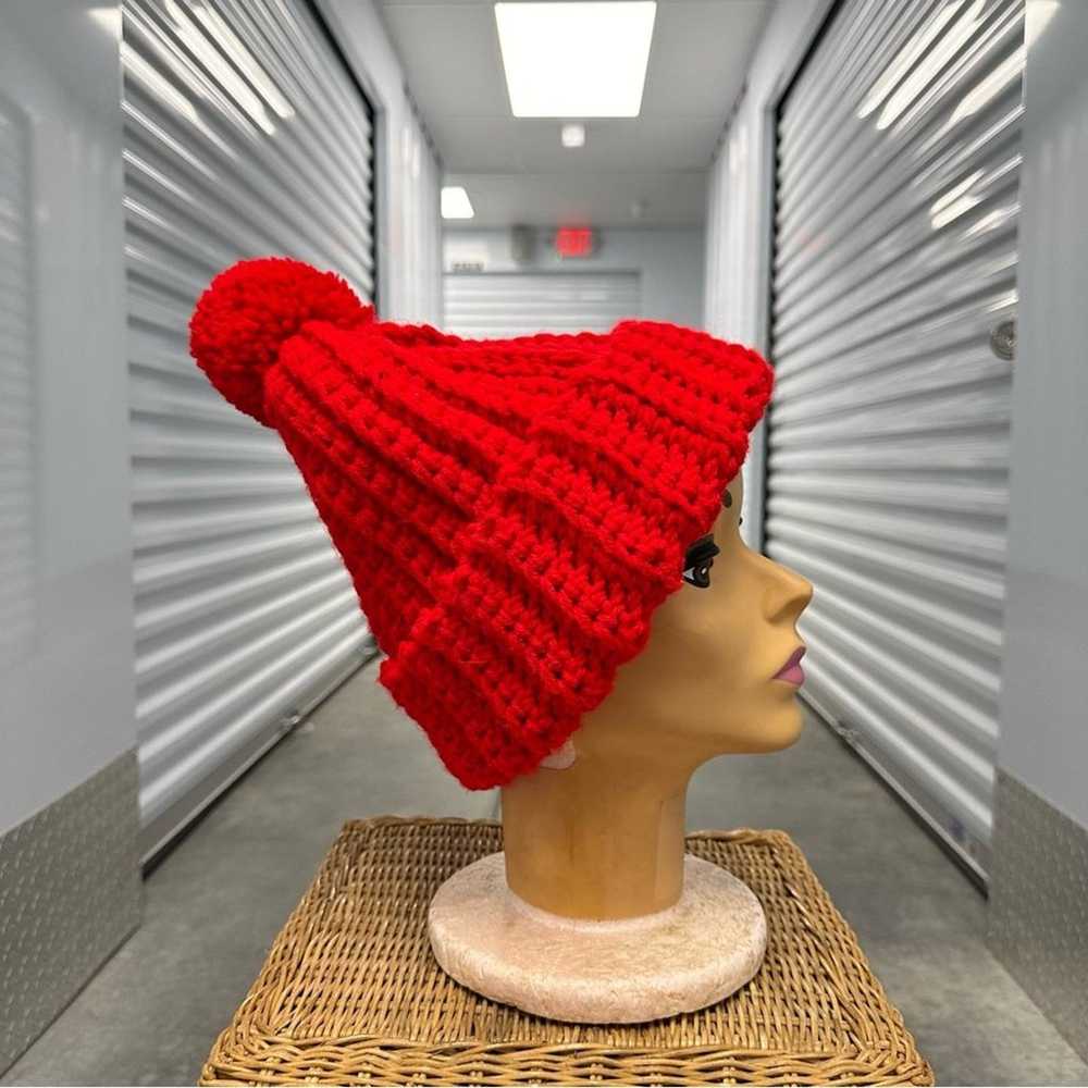 Vintage chunky red Pom Pom beanie toque hat - image 1