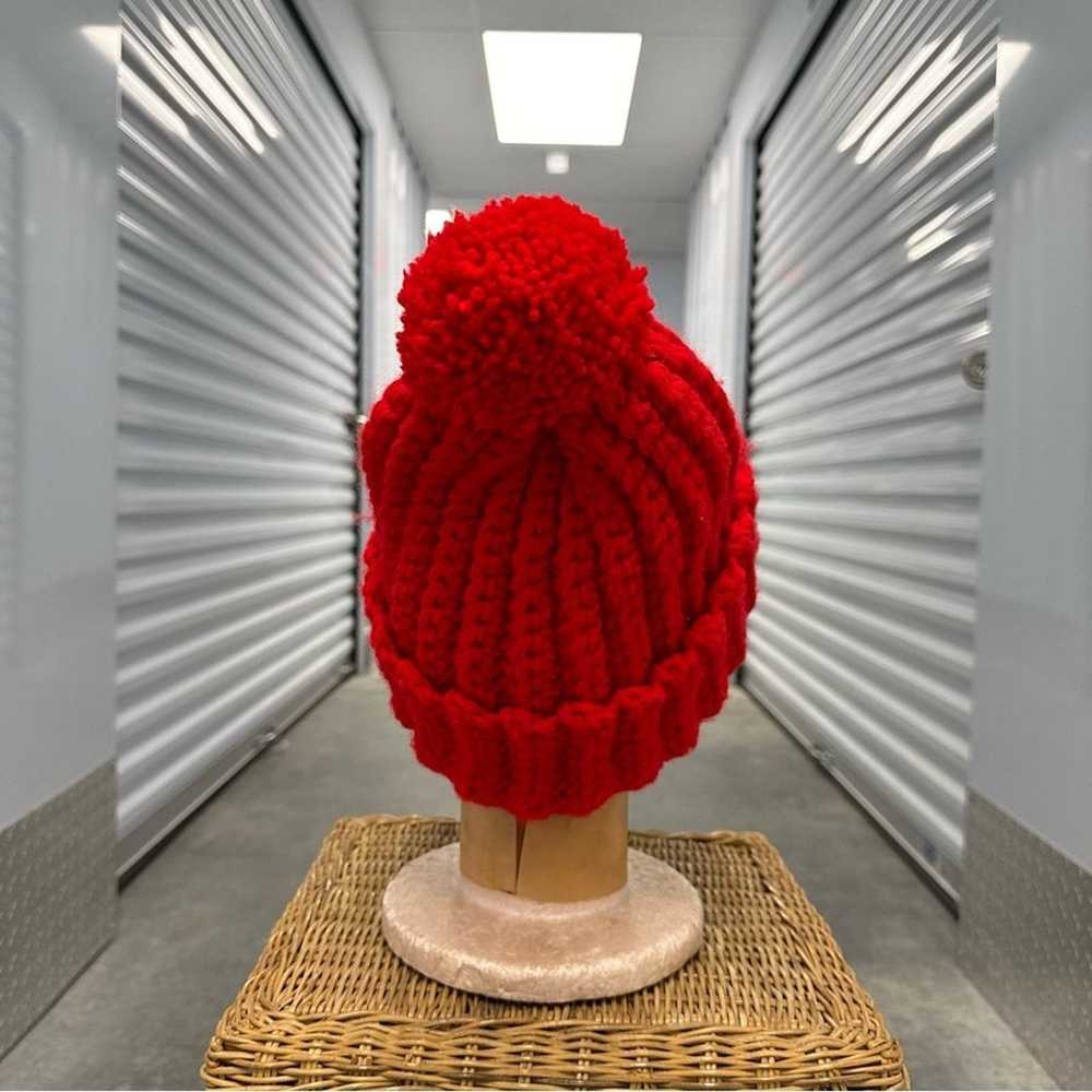 Vintage chunky red Pom Pom beanie toque hat - image 3