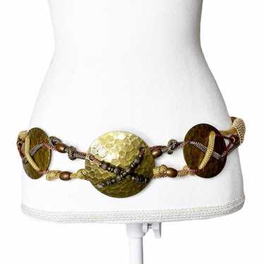 VTG Brass Medallion Bead Boho Rope Belt - image 1