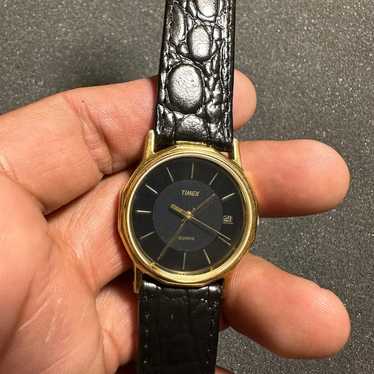 Vintage Timex Quartz Watch Gold Tone Black Dial B… - image 1