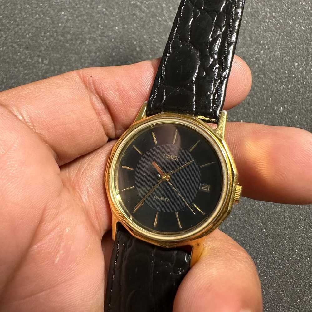 Vintage Timex Quartz Watch Gold Tone Black Dial B… - image 2