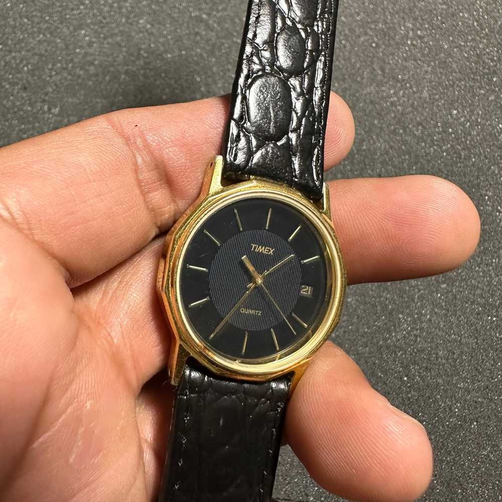 Vintage Timex Quartz Watch Gold Tone Black Dial B… - image 3