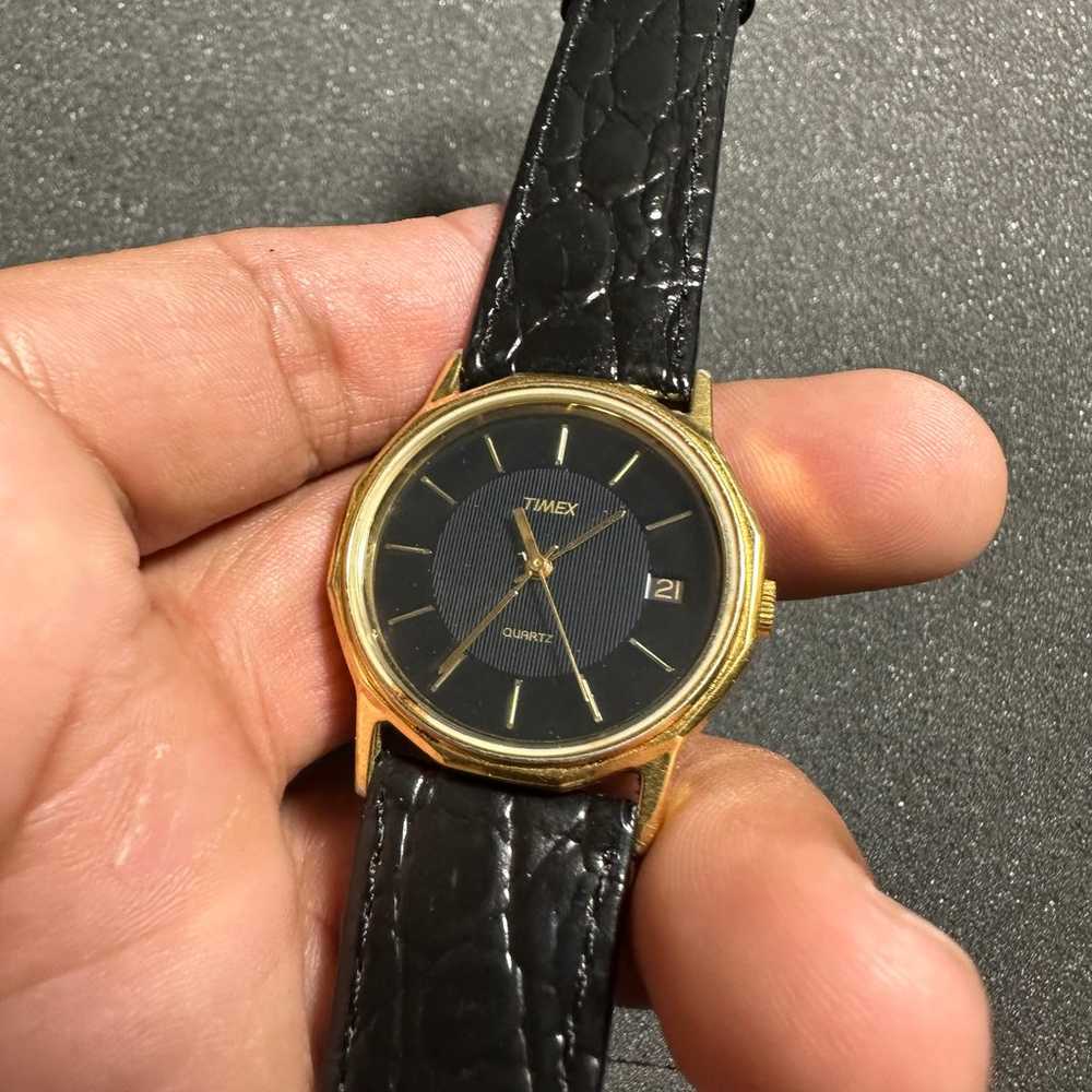 Vintage Timex Quartz Watch Gold Tone Black Dial B… - image 4