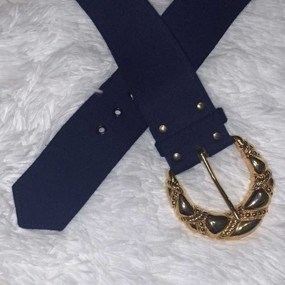 Vintage 80’s Navy Blue & Gold Thick Belt M/L - image 2