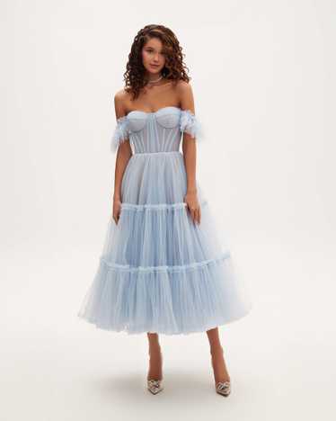 Milla Light Blue Ruffled Tulle Midi Dress