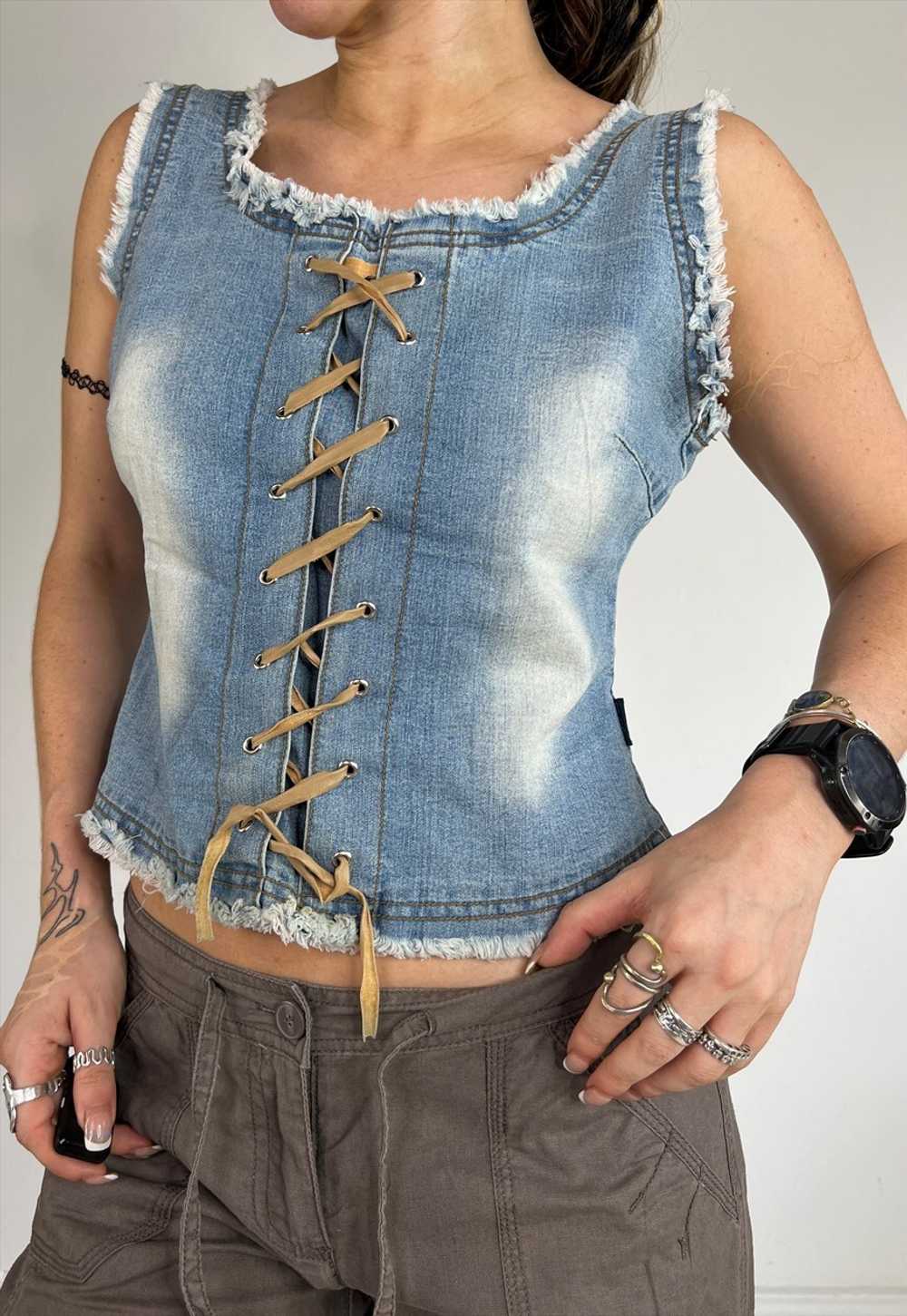 Vintage 90s Vest Denim Top Lace Up Bodice Corset … - image 1