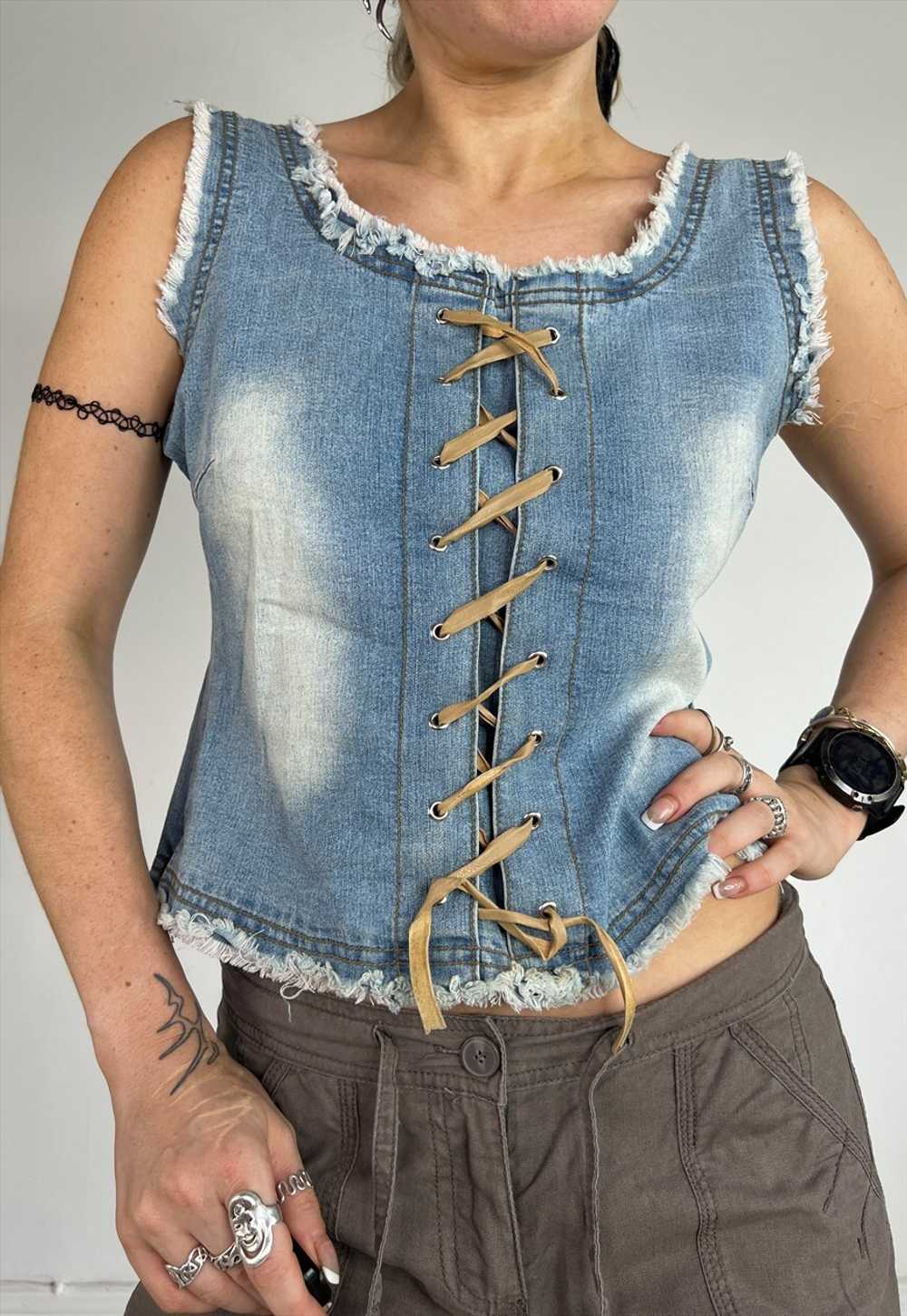 Vintage 90s Vest Denim Top Lace Up Bodice Corset … - image 2