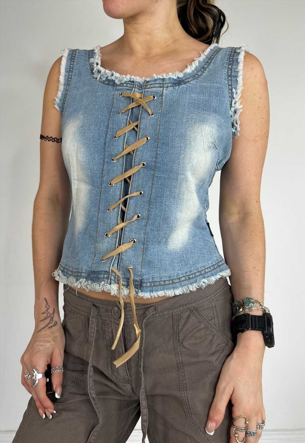 Vintage 90s Vest Denim Top Lace Up Bodice Corset … - image 3