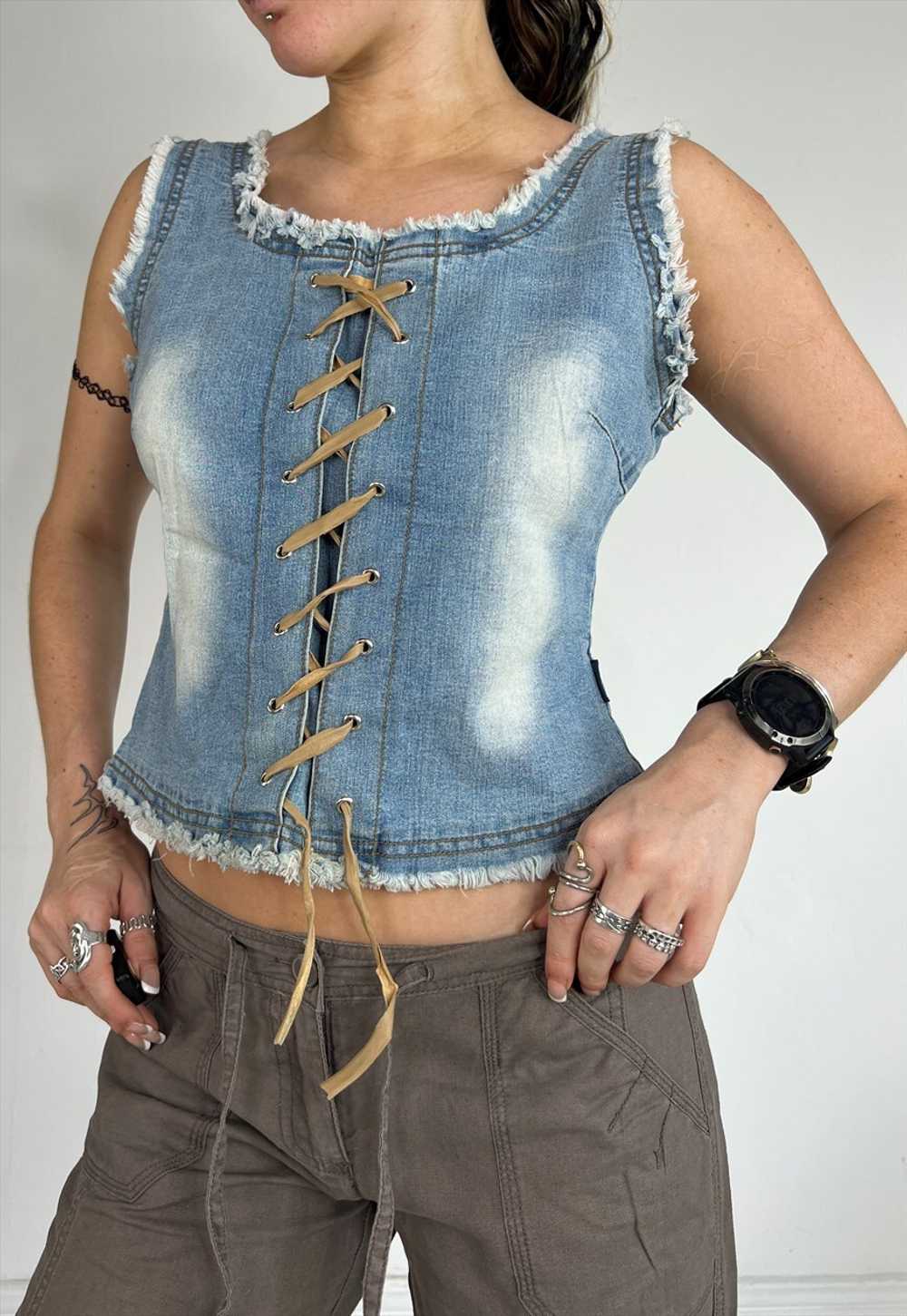 Vintage 90s Vest Denim Top Lace Up Bodice Corset … - image 4