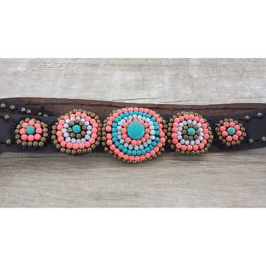 Vintage BoHo Brown Leather Beaded Belt Hanging Ch… - image 1