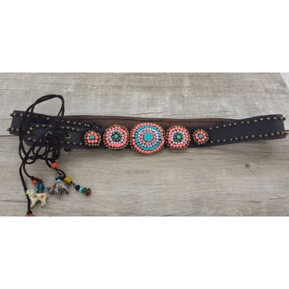 Vintage BoHo Brown Leather Beaded Belt Hanging Ch… - image 2