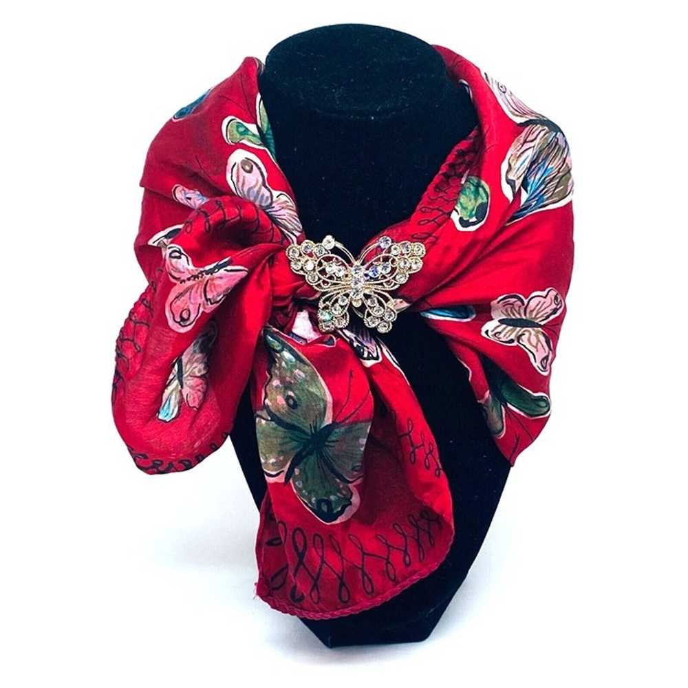 Vintage Handmade Red Silk Butterfly Scarf & Rhine… - image 1