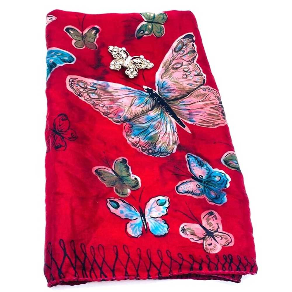 Vintage Handmade Red Silk Butterfly Scarf & Rhine… - image 4