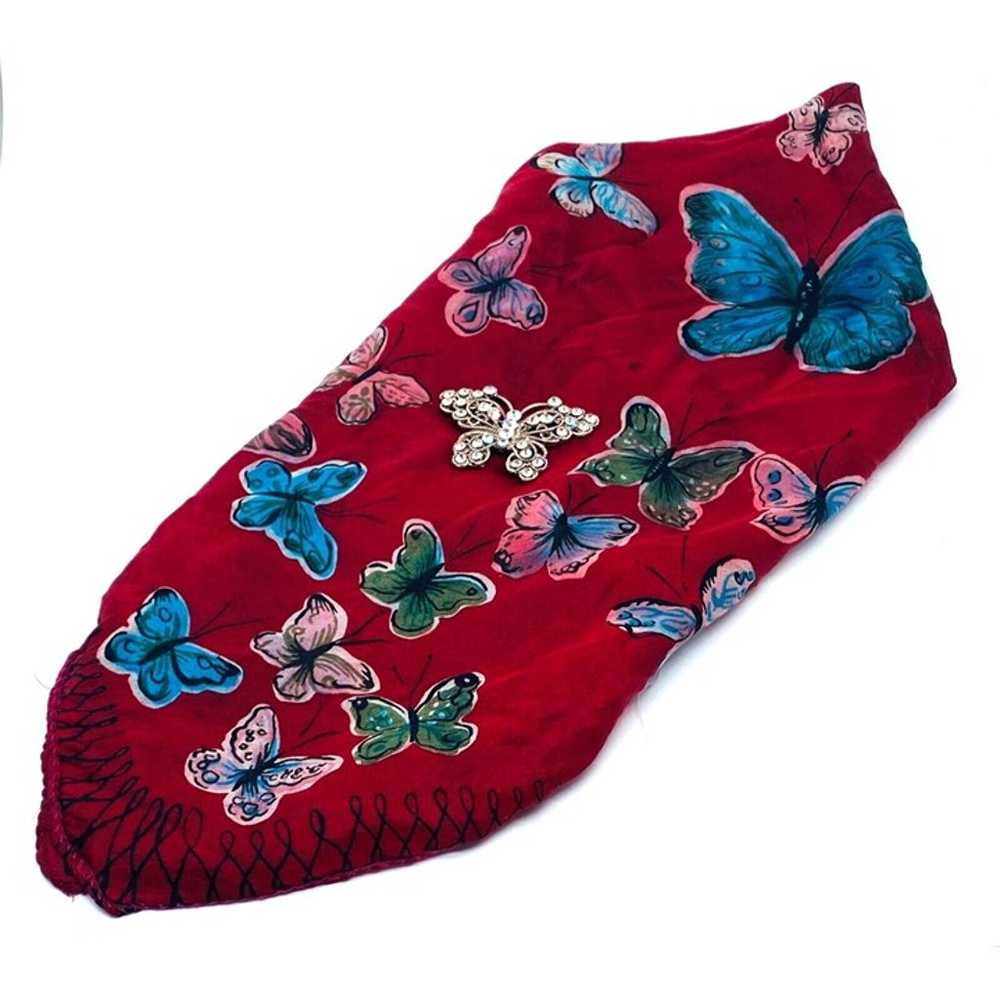 Vintage Handmade Red Silk Butterfly Scarf & Rhine… - image 5