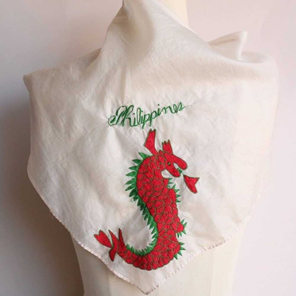 Vintage 1950s Silk Scarf, Philippines Dragon Embr… - image 1