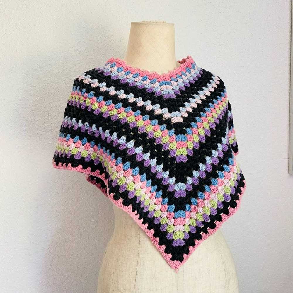 Vintage Colorful Handmade Crochet Shawl Poncho Sm… - image 1