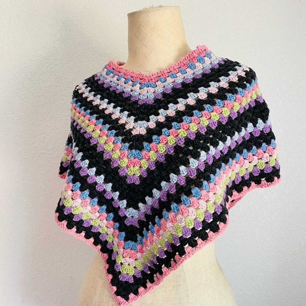 Vintage Colorful Handmade Crochet Shawl Poncho Sm… - image 2