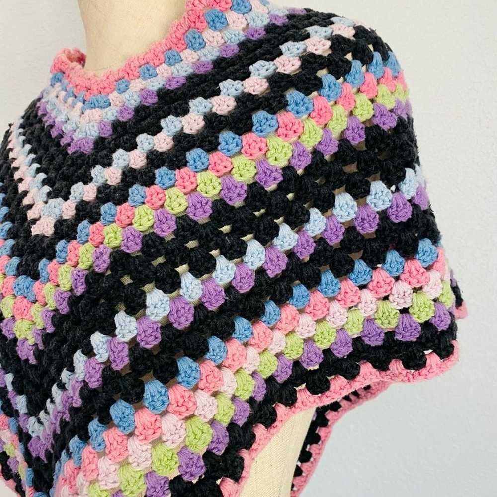 Vintage Colorful Handmade Crochet Shawl Poncho Sm… - image 3