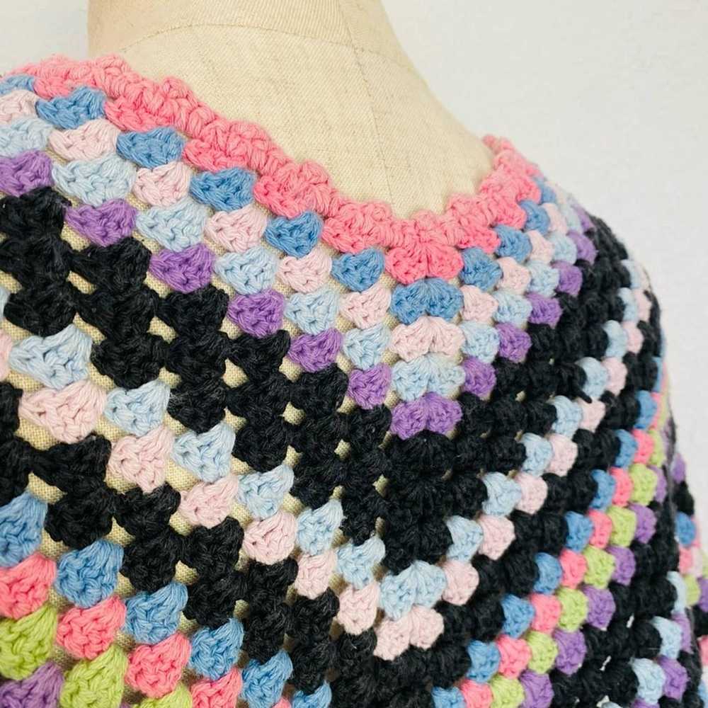 Vintage Colorful Handmade Crochet Shawl Poncho Sm… - image 5