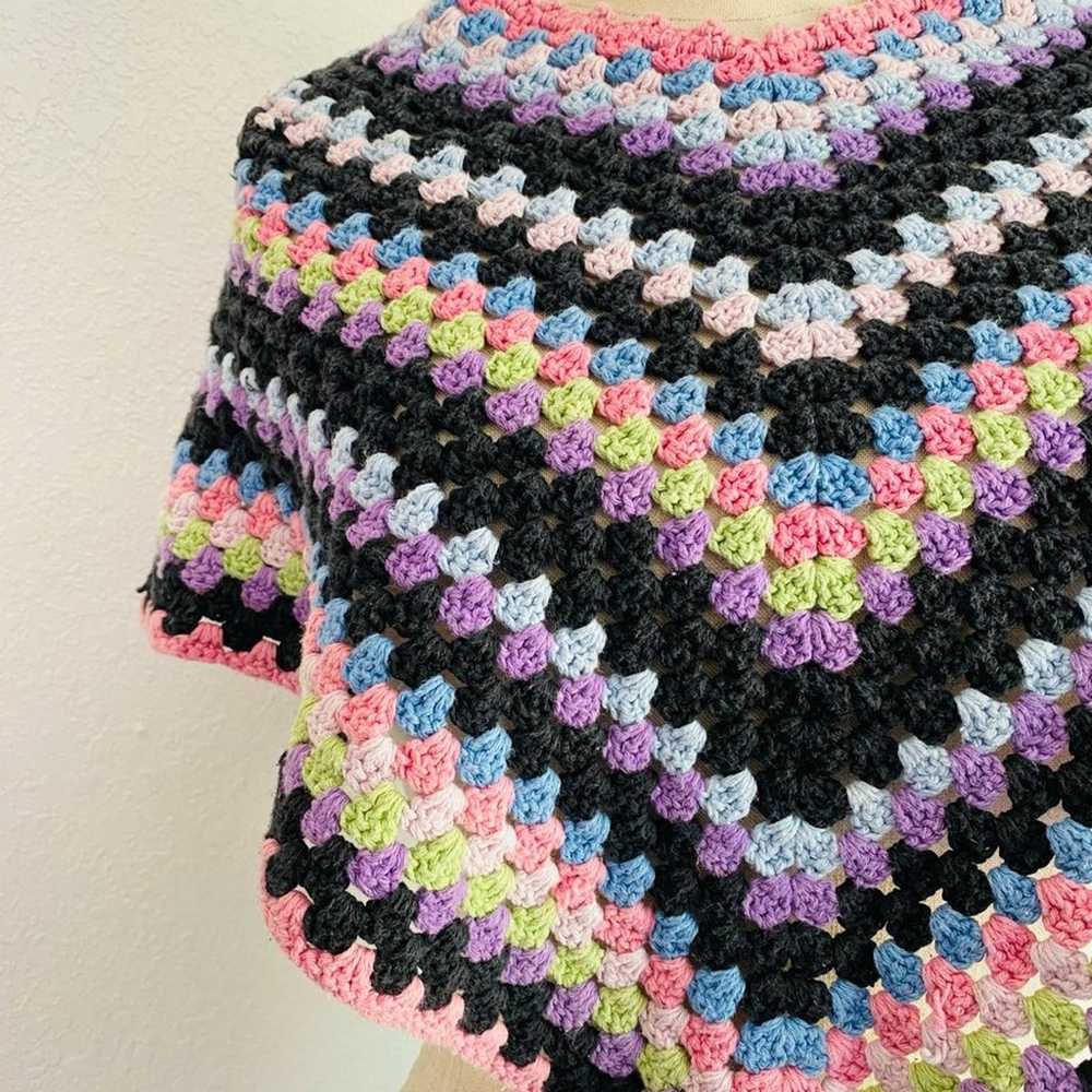 Vintage Colorful Handmade Crochet Shawl Poncho Sm… - image 6