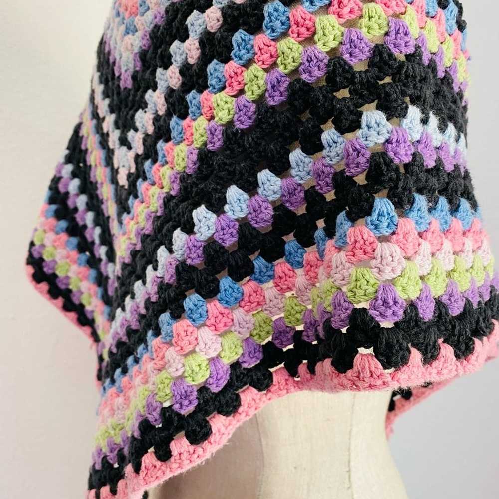 Vintage Colorful Handmade Crochet Shawl Poncho Sm… - image 7