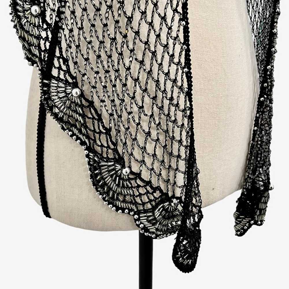 VINTAGE BLACK BEADED CROCHETED SHAWL WRAP W SILVE… - image 11