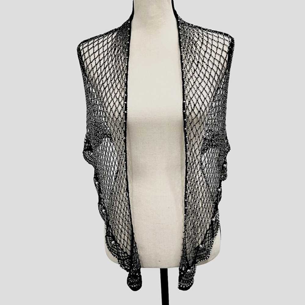 VINTAGE BLACK BEADED CROCHETED SHAWL WRAP W SILVE… - image 1