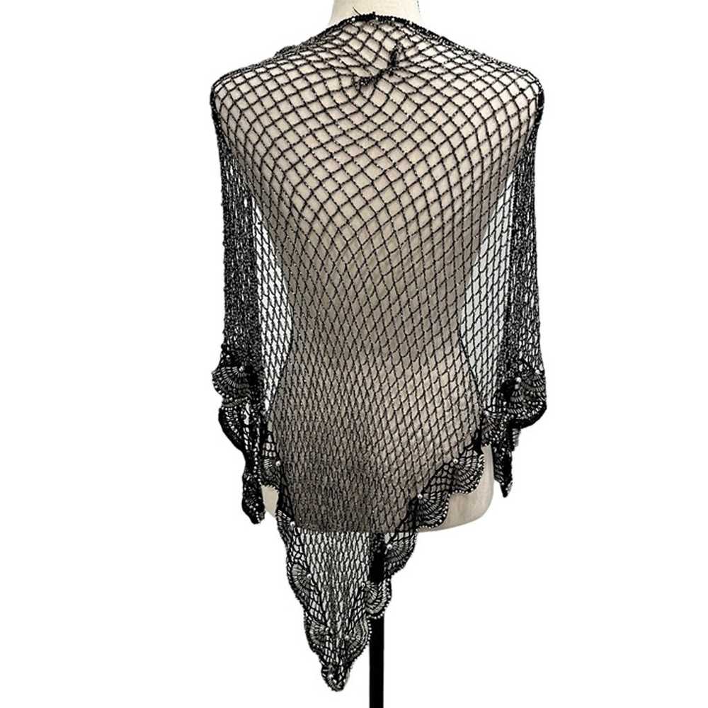 VINTAGE BLACK BEADED CROCHETED SHAWL WRAP W SILVE… - image 5