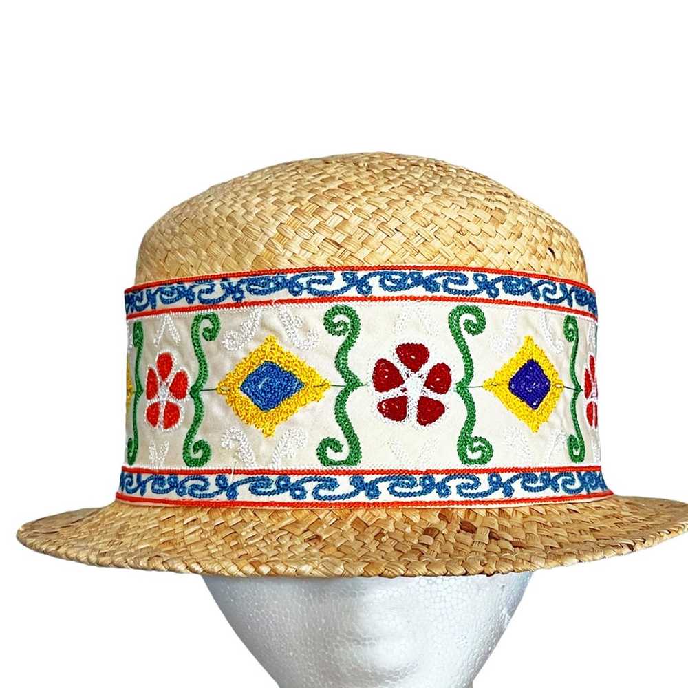 DAME Italy Vintage Boho Straw Hat With White Cott… - image 1