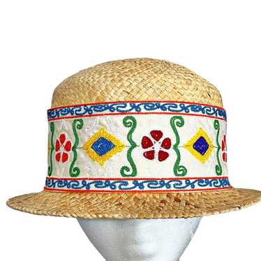 DAME Italy Vintage Boho Straw Hat With White Cott… - image 1