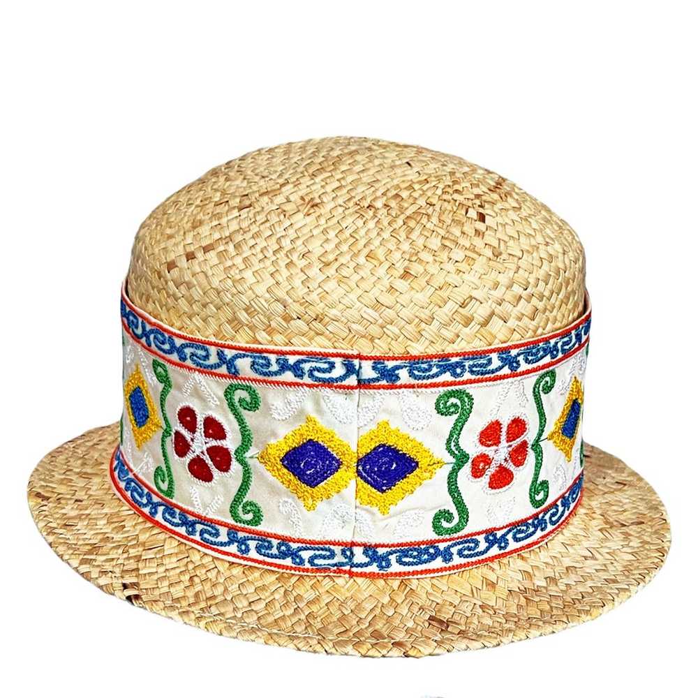 DAME Italy Vintage Boho Straw Hat With White Cott… - image 3