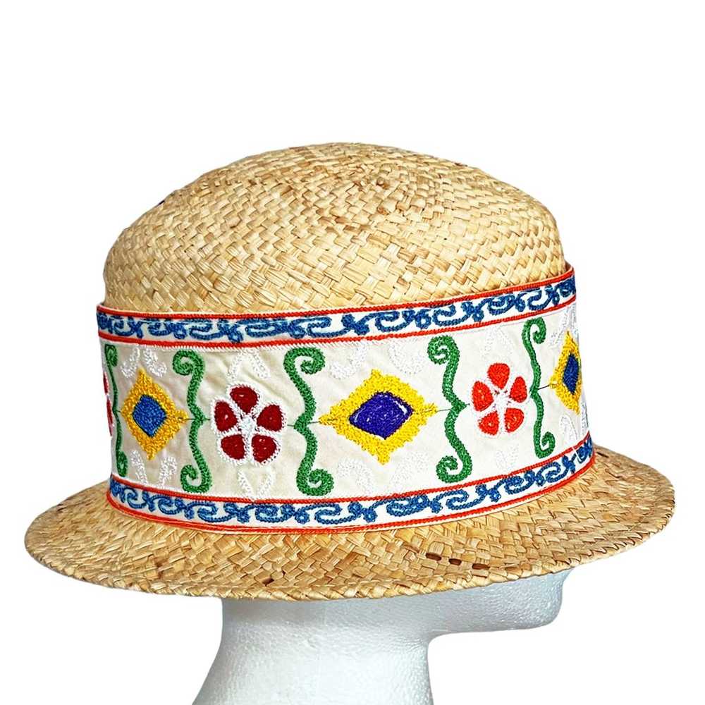 DAME Italy Vintage Boho Straw Hat With White Cott… - image 4