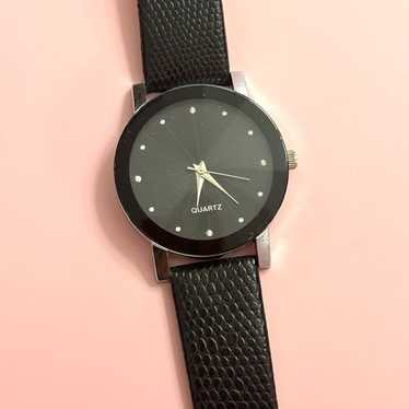 Vintage Black Leather Watch w/ Studded Hours - image 1