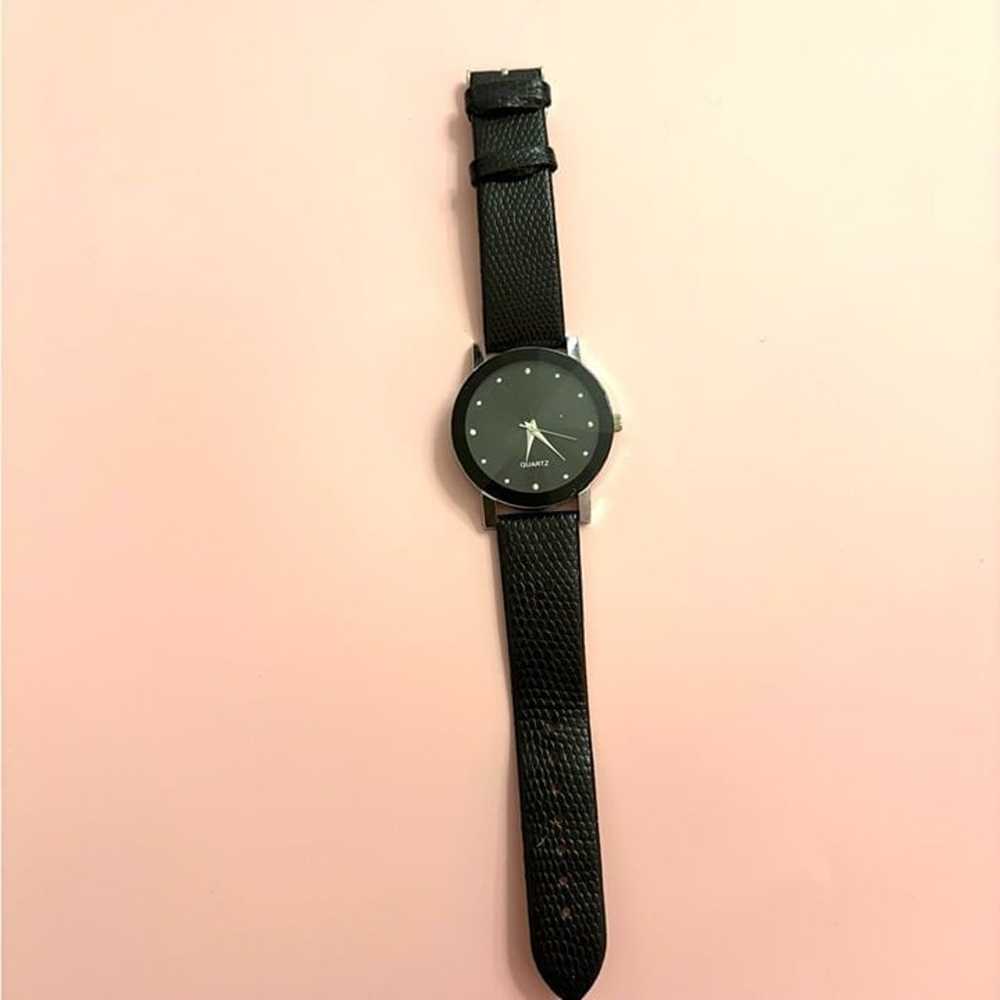 Vintage Black Leather Watch w/ Studded Hours - image 2