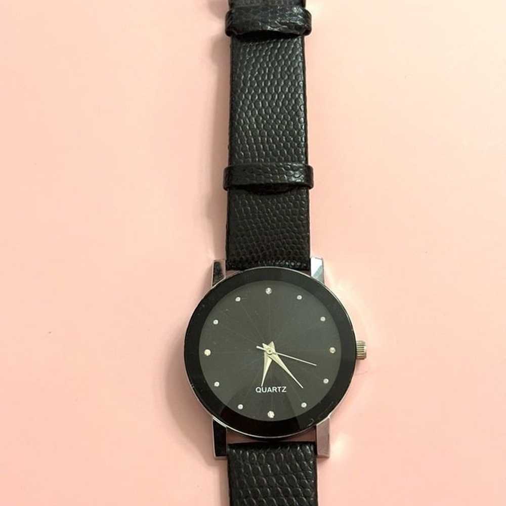 Vintage Black Leather Watch w/ Studded Hours - image 5