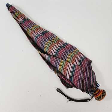 Vintage Colorful Striped Umbrella w/ Wood Handle - image 1