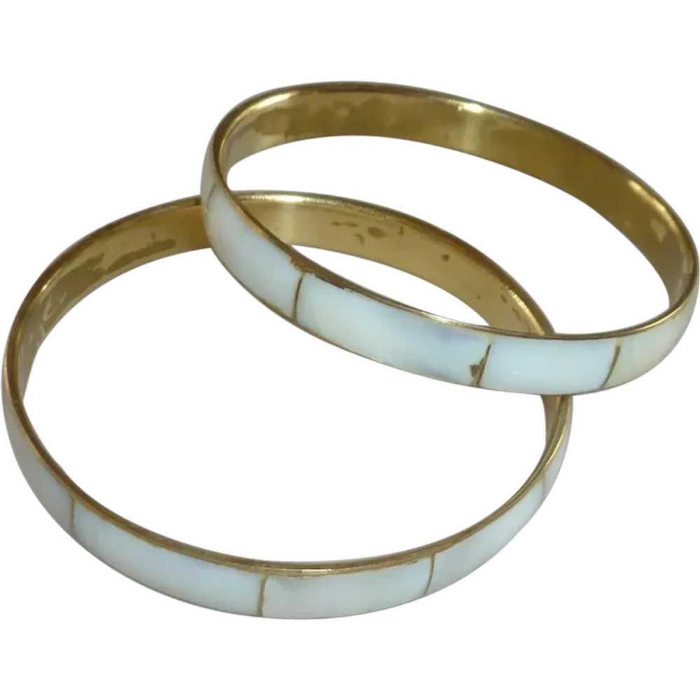 Two Brass Mother of Pearl Bangle Bracelet - image 1