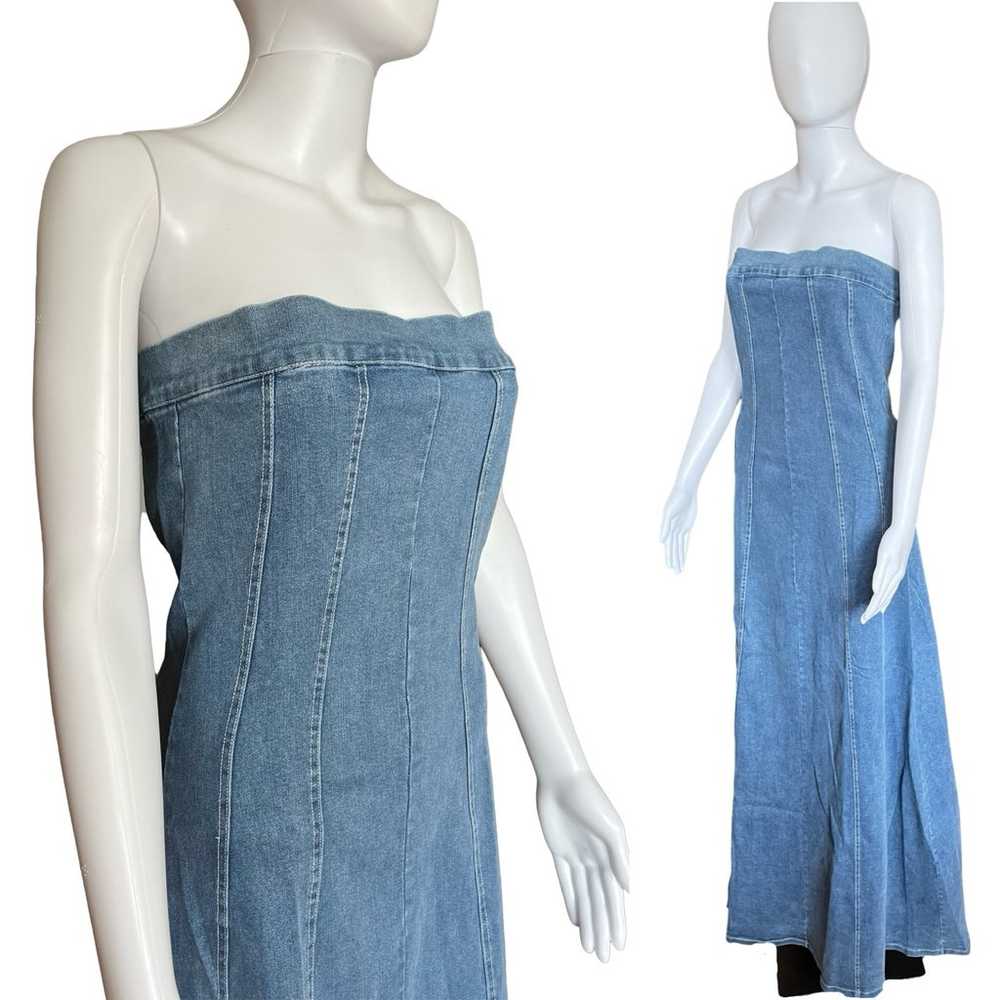 Vintage Y2K denim Jean dress tube top maxi floor … - image 1