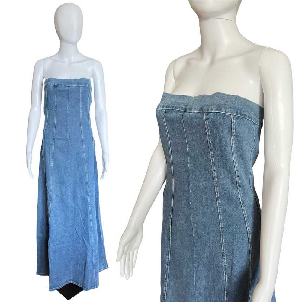 Vintage Y2K denim Jean dress tube top maxi floor … - image 3