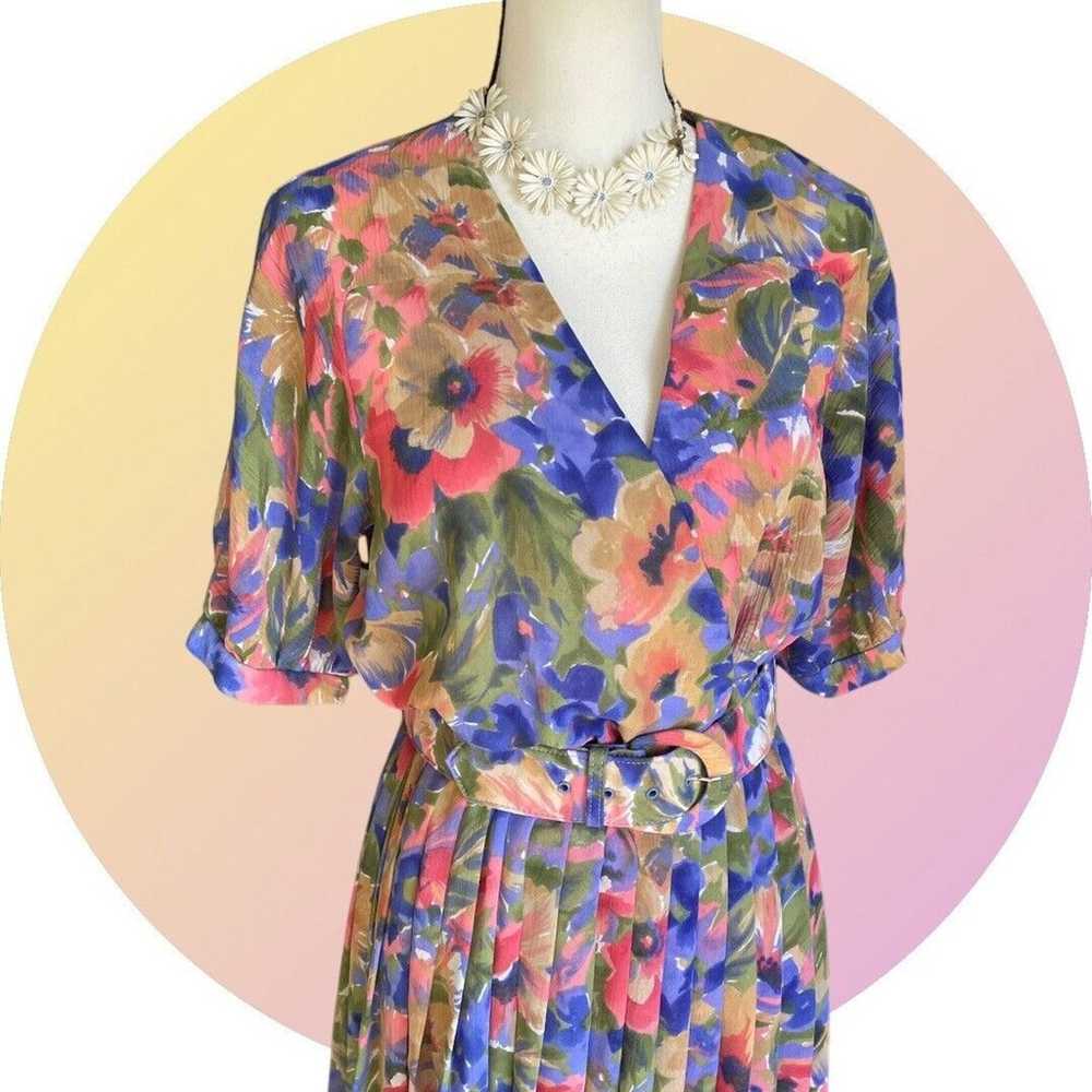 Vintage LESLIE FAY Dress Womens Purple Floral Mod… - image 1