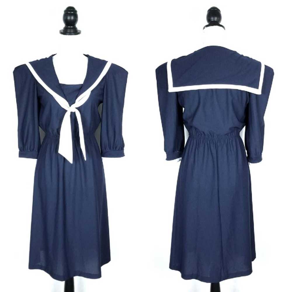 Vintage 80's Navy Blue Nautical Sailor Dress Smal… - image 1